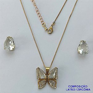 CONJUNTO NO BRUTO PRONTO PARA O BANHO(CX101) - CONJUNTO COM CORRENTE VENEZIANA 45CM + EXTENSOR COM PINGENTE BORBOLETA CRISTAL CRAVEJADA EM MICROS ZIRCÔNIAS - PESO TOTAL 8,4GR - BRU14000