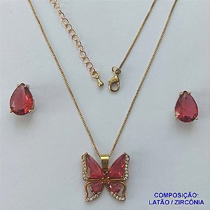 CONJUNTO NO BRUTO PRONTO PARA O BANHO(CX101) - CONJUNTO COM CORRENTE VENEZIANA 45CM + EXTENSOR COM PINGENTE BORBOLETA ROSA CRAVEJADA EM MICROS ZIRCÔNIAS - PESO TOTAL 8,4GR - BRU14001