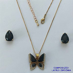 CONJUNTO NO BRUTO PRONTO PARA O BANHO(CX101) - CONJUNTO COM CORRENTE VENEZIANA 45CM + EXTENSOR COM PINGENTE BORBOLETA PRETO CRAVEJADA EM MICROS ZIRCÔNIAS - PESO TOTAL 8,4GR - BRU14002