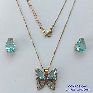 CONJUNTO NO BRUTO PRONTO PARA O BANHO(CX101) - CONJUNTO COM CORRENTE VENEZIANA 45CM + EXTENSOR COM PINGENTE BORBOLETA AZUL CLARA CRAVEJADA EM MICROS ZIRCÔNIAS - PESO TOTAL 8,4GR - BRU14003