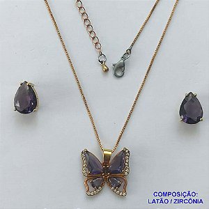 CONJUNTO NO BRUTO PRONTO PARA O BANHO(CX101) - CONJUNTO COM CORRENTE VENEZIANA 45CM + EXTENSOR COM PINGENTE BORBOLETA LILÁS CLARA CRAVEJADA EM MICROS ZIRCÔNIAS - PESO TOTAL 8,4GR - BRU14004