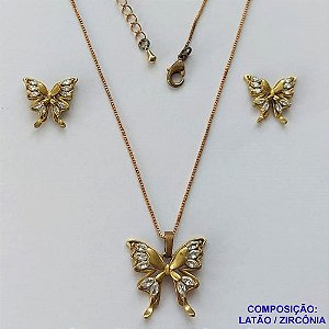 CONJUNTO NO BRUTO PRONTO PARA O BANHO(CX103)  - GARGANTILHA  COM CORRENTE VENEZIANA DE 45CM PINGENTE BORBOLETA COM ZIRCÔNIAS 19MM  - BRINCO DE PINO BORBOLETA COM ZIRCÔNIAS 12MM - PESO TOTAL: 4,8GR - BRU14024