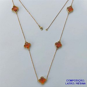 GARGANTILHA NO BRUTO PRONTO PARA O BANHO - CORRENTE 60CM COM PINGENTES TIPO VAN CLEEF VIDRO MARROM 15MM - PESO TOTAL 8,8GR - COMPOSIÇÃO: LATÃO / VIDRO - BRU14037