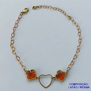 PULSEIRA NO BRUTO PRONTO PARA O BANHO - PULSEIRA 17CM + EXTENSOR COM PINGENTES TIPO VAN CLEEF VIDRO MARROM 15MM E CORAÇÃO VAZADO - PESO TOTAL 3GR - COMPOSIÇÃO: LATÃO / VIDRO - BRU14039