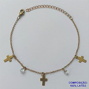 PULSEIRA NO BRUTO PRONTO PARA O BANHO - (CX.50)  PULSEIRA 18CM COM STRASS E CRUCIFIXOS - PESO TOTAL 1,8GR - COMPOSIÇÃO: 100% LATÃO - BRU14041
