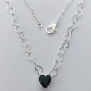 SHOCKER FOLHEADO A PRATA COM 50 MILÉSIMOS + VERNIZ DIAMOND - CORRENTE CORAÇÃO 40CM + EXTENSOR E FECHO LAGOSTA - PINGENTE ZIRCÔNIA FORMATO CORAÇÃO PRETO 9MM - PRA126
