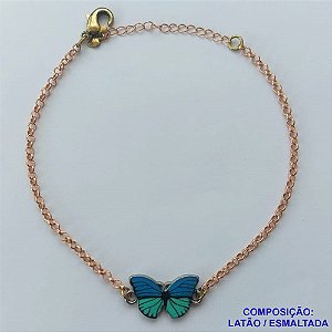 PULSEIRA NO BRUTO PRONTO PARA O BANHO - PULSEIRA CORRENTE ELO PORTUGUÊS 18CM + EXTENSOR - PINGENTE BORBOLETA ESMALTADA AZUL/VERDE 11X18MM - COMPOSIÇÃO LATÃO / ESMALTADO - PESO: 4,5GR  BRU14057