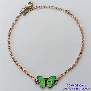 PULSEIRA NO BRUTO PRONTO PARA O BANHO - PULSEIRA CORRENTE ELO PORTUGUÊS 18CM + EXTENSOR - PINGENTE BORBOLETA ESMALTADA VERDE 11X18MM - COMPOSIÇÃO LATÃO / ESMALTADO - PESO: 4,5GR  BRU14058