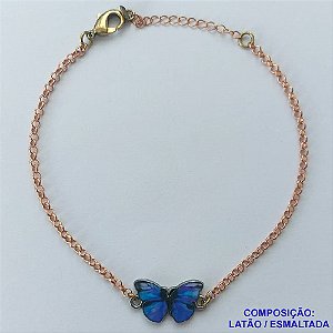 PULSEIRA NO BRUTO PRONTO PARA O BANHO - PULSEIRA CORRENTE ELO PORTUGUÊS 18CM + EXTENSOR - PINGENTE BORBOLETA ESMALTADA AZUL 11X18MM - COMPOSIÇÃO LATÃO / ESMALTADO - PESO: 4,5GR  BRU14059