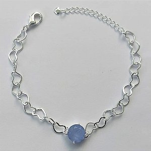 PULSEIRA FOLHEADA A PRATA COM 50 MILÉSIMOS + VERNIZ DIAMOND - CORRENTE CORAÇÃO 17CM + EXTENSOR E FECHO LAGOSTA - PINGENTE EM ZIRCÔNIA AZUL 9MM - PRA144