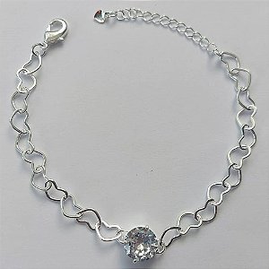 PULSEIRA FOLHEADA A PRATA COM 50 MILÉSIMOS + VERNIZ DIAMOND - CORRENTE CORAÇÃO 17CM + EXTENSOR E FECHO LAGOSTA - PINGENTE EM ZIRCÔNIA CRISTAL 9MM - PRA146