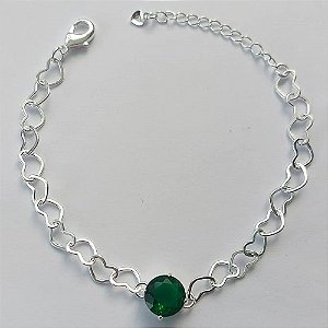 PULSEIRA FOLHEADA A PRATA COM 50 MILÉSIMOS + VERNIZ DIAMOND - CORRENTE CORAÇÃO 17CM + EXTENSOR E FECHO LAGOSTA - PINGENTE EM ZIRCÔNIA VERDE 9MM - PRA147