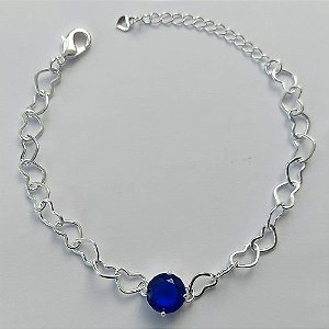 PULSEIRA FOLHEADA A PRATA COM 50 MILÉSIMOS + VERNIZ DIAMOND - CORRENTE CORAÇÃO 17CM + EXTENSOR E FECHO LAGOSTA - PINGENTE EM ZIRCÔNIA AZUL ESCURO 9MM - PRA148