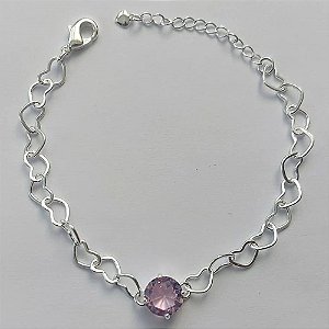 PULSEIRA FOLHEADA A PRATA COM 50 MILÉSIMOS + VERNIZ DIAMOND - CORRENTE CORAÇÃO 17CM + EXTENSOR E FECHO LAGOSTA - PINGENTE EM ZIRCÔNIA ROSA 9MM - PRA149