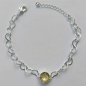 PULSEIRA FOLHEADA A PRATA COM 50 MILÉSIMOS + VERNIZ DIAMOND - CORRENTE CORAÇÃO 17CM + EXTENSOR E FECHO LAGOSTA - PINGENTE EM ZIRCÔNIA AMARELO 9MM - PRA150