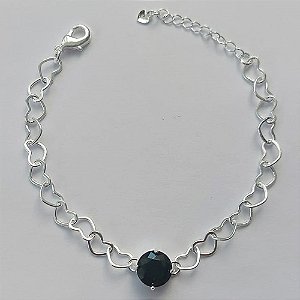 PULSEIRA FOLHEADA A PRATA COM 50 MILÉSIMOS + VERNIZ DIAMOND - CORRENTE CORAÇÃO 17CM + EXTENSOR E FECHO LAGOSTA - PINGENTE EM ZIRCÔNIA PRETA 9MM - PRA151