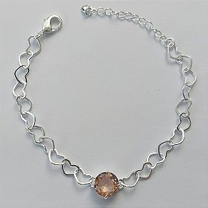 PULSEIRA FOLHEADA A PRATA COM 50 MILÉSIMOS + VERNIZ DIAMOND - CORRENTE CORAÇÃO 17CM + EXTENSOR E FECHO LAGOSTA - PINGENTE EM ZIRCÔNIA SALMÃO 9MM - PRA153