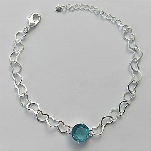 PULSEIRA FOLHEADA A PRATA COM 50 MILÉSIMOS + VERNIZ DIAMOND - CORRENTE CORAÇÃO 17CM + EXTENSOR E FECHO LAGOSTA - PINGENTE EM ZIRCÔNIA AZUL CLARA 9MM - PRA154