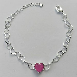 PULSEIRA FOLHEADA A PRATA COM 50 MILÉSIMOS + VERNIZ DIAMOND - CORRENTE CORAÇÃO 17CM + EXTENSOR E FECHO LAGOSTA - PINGENTE EM ZIRCÔNIA CORAÇÃO ROSA 9MM - PRA155