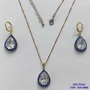 CONJUNTO NO BRUTO PRONTO PARA O BANHO(CX105)- CORRENTE VENEZIANA 45CM + EXTENSOR E FECHO LAGOSTA - BRINCOS ARGOLINHA DE PRESSÃO E PINGENTES COM BASES CRAVEJADAS EM CRISTAIS AZUIS E ZIRCÔNIA CRISTAL 10X14MM - PESO TOTAL 11,8GR - BRU14077