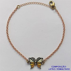 PULSEIRA NO BRUTO PRONTO PARA O BANHO - (CX.46) PULSEIRA CORRENTE ELO PORTUGUÊS 18CM + EXTENSOR - PINGENTE BORBOLETA ESMALTADA BRANCA / AMARELA 11X18MM - COMPOSIÇÃO LATÃO / ESMALTADO - PESO: 4,5GR  BRU14081