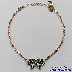 PULSEIRA NO BRUTO PRONTO PARA O BANHO - (CX.46)  PULSEIRA CORRENTE ELO PORTUGUÊS 18CM + EXTENSOR - PINGENTE BORBOLETA ESMALTADA BRANCA / PRETA 11X18MM - COMPOSIÇÃO LATÃO / ESMALTADO - PESO: 4,5GR  BRU14082