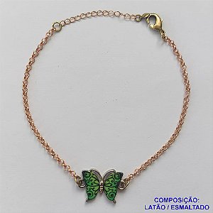 PULSEIRA NO BRUTO PRONTO PARA O BANHO(CX106) - PULSEIRA CORRENTE ELO PORTUGUÊS 18CM + EXTENSOR - PINGENTE BORBOLETA ESMALTADA VERDE 11X18MM - COMPOSIÇÃO LATÃO / ESMALTADO - PESO: 4,5GR  BRU14084