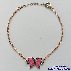 PULSEIRA NO BRUTO PRONTO PARA O BANHO(CX107) - PULSEIRA CORRENTE ELO PORTUGUÊS 18CM + EXTENSOR - PINGENTE BORBOLETA ESMALTADA ROSA 11X18MM - COMPOSIÇÃO LATÃO / ESMALTADO - PESO: 4,5GR  BRU14085