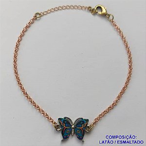 PULSEIRA NO BRUTO PRONTO PARA O BANHO(CX106) - PULSEIRA CORRENTE ELO PORTUGUÊS 18CM + EXTENSOR - PINGENTE BORBOLETA ESMALTADA ESTAMPADA AZUL 11X18MM - COMPOSIÇÃO LATÃO / ESMALTADO - PESO: 4,5GR  BRU14086