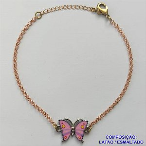 PULSEIRA NO BRUTO PRONTO PARA O BANHO - (CX.14)  PULSEIRA CORRENTE ELO PORTUGUÊS 18CM + EXTENSOR - PINGENTE BORBOLETA ESMALTADA ESTAMPADA ROSA 11X18MM - COMPOSIÇÃO LATÃO / ESMALTADO - PESO: 4,5GR  BRU14088