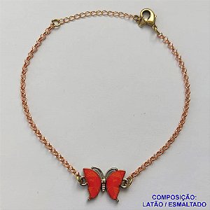 PULSEIRA NO BRUTO PRONTO PARA O BANHO - (CX.14)  PULSEIRA CORRENTE ELO PORTUGUÊS 18CM + EXTENSOR - PINGENTE BORBOLETA ESMALTADA VERMELHA 11X18MM - COMPOSIÇÃO LATÃO / ESMALTADO - PESO: 4,5GR  BRU14089