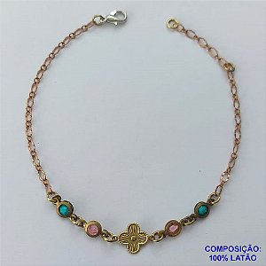 PULSEIRA NO BRUTO PRONTO PARA O BANHO - PULSEIRA COM STRASS COLORIDOS E PINGENTE TIPO VAN CLEFF 18CM + EXTENSOR - COMPOSIÇÃO 100% LATÃO - PESO: 1,4GR  BRU14094