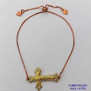 PULSEIRA GRAVATINHA NO BRUTO PRONTO PARA O BANHO - (CX.33)  PULSEIRA AJUSTÁVEL COM CRUCIFIXO - PESO 2,8GR - COMPOSIÇÃO: 100% LATÃO - BRU14098