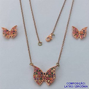 CONJUNTO NO BRUTO PRONTO PARA O BANHO(CX106) - CORRENTE CADEADO 50CM - BRINCOS E PINGENTES EM ALTA FUSÃO COM BORBOLETA CRAVEJADAS EM MICROS ZIRCÔNIAS COLORIDAS 20X25MM - PESO 7,6GR - BRU14116