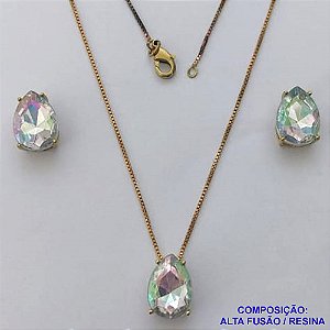 CONJUNTO NO BRUTO PRONTO PARA O BANHO - CORRENTE VENEZIANA 45CM - BRINCOS DE PINO E PINGENTES COM BASE EM ALTA FUSÃO E PEDRAS EM RESINA 10X14MM CRISTAL COLOR - PESO 5,8GR - BRU14117