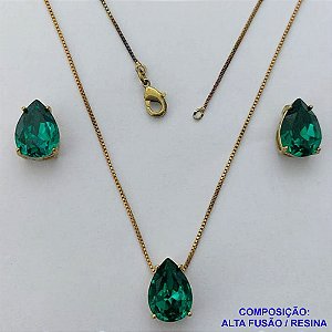 CONJUNTO NO BRUTO PRONTO PARA O BANHO - CORRENTE VENEZIANA 45CM - BRINCOS DE PINO E PINGENTES COM BASE EM ALTA FUSÃO E PEDRAS EM RESINA 10X14MM VERDE ESCURA - PESO 5,8GR - BRU14118