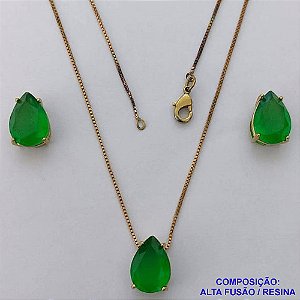 CONJUNTO NO BRUTO PRONTO PARA O BANHO - CORRENTE VENEZIANA 45CM - BRINCOS DE PINO E PINGENTES COM BASE EM ALTA FUSÃO E PEDRAS EM RESINA 10X14MM VERDE LEITOSO - PESO 5,8GR - BRU14122