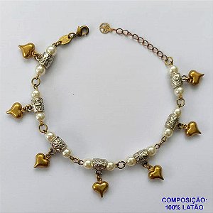 PULSEIRA NO BRUTO PRONTO PARA O BANHO - (CX.49)  PULSEIRA COM PÉROLAS E CORAÇÕES DUPLOS - TAMANHO: 18CM + EXTENSOR - PESO 6,9GR - COMPOSIÇÃO: LATÃO - BRU14130