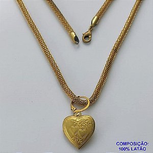 GARGANTILHA NO BRUTO PRONTO PARA O BANHO(CX107) - CORDÃO 4MM COM PINGENTE CORAÇÃO DUPLO - COMPOSIÇÃO: LATÃO - PESO TOTAL 12,1GR - BRU14133
