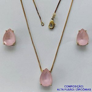 CONJUNTO NO BRUTO PRONTO PARA O BANHO - (CX.118)  CORRENTE VENEZIANA 45CM - BRINCOS DE PINO E PINGENTES COM BASE EM ALTA FUSÃO E PEDRAS EM ZIRCÔNIAS 10X14MM ROSA LEITOSA - PESO 7,4GR - BRU14136