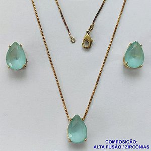 CONJUNTO NO BRUTO PRONTO PARA O BANHO - (CX.118)  CORRENTE VENEZIANA 45CM - BRINCOS DE PINO E PINGENTES COM BASE EM ALTA FUSÃO E PEDRAS EM ZIRCÔNIAS 10X14MM AZUL CLARO LEITOSO - PESO 7,4GR - BRU14140