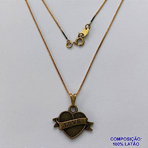 GARGANTILHA NO BRUTO PRONTO PARA O BANHO - (CX.14) GARGANTILHA COM CORRENTE VENEZIANA 45CM - COM PINGENTE CORAÇÃO COM PALAVRA LOVE 20X25MM - PESO 4,6GR - BRU14153