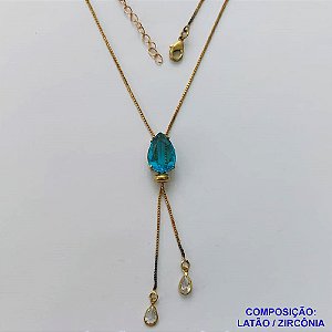 GARGANTILHA NO BRUTO PRONTO PARA O BANHO - (CX.118)  CORRENTE GRAVATINHA VENEZIANA 45CM - COM PINGENTE COM BASE EM ALTA FUSÃO E PEDRA EM ZIRCÔNIA 10x14MM AZUL - PESO 3GR - BRU14157