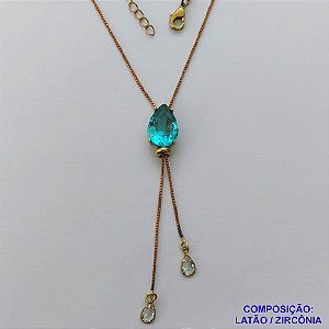 GARGANTILHA NO BRUTO PRONTO PARA O BANHO - (CX.118)  CORRENTE GRAVATINHA VENEZIANA 45CM - COM PINGENTE COM BASE EM ALTA FUSÃO E PEDRA EM ZIRCÔNIA 10x14MM AZUL CLARO - PESO 3GR - BRU14161