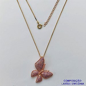 GARGANTILHA BRUTO PRONTA PARA O BANHO - (CX.33)  CORRENTE VENEZIANA 45CM + EXTENSOR COM PINGENTE BORBOLETA CRAVEJADA EM MICRO ZIRCÔNIAS LILÁS 28MM - PESO 6.2GR - BRU14165