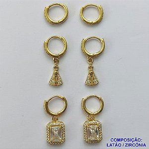BRINCO NO BRUTO PRONTO PARA O BANHO(CX107) - BRINCO DE TRIO ARGOLINHA DE PRESSÃO CRAVEJADOS EM ZIRCÔNIAS CRISTAIS - PESO 9,8GR - COMPOSIÇÃO: LATÃO / ZIRCÔNIA - BRU14188