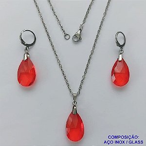 CONJUNTO EM AÇO INOXIDÁVEL(CX108) - (AÇO03) GARGANTILHA COM CORRENTE 50CM E PINGENTE PEDRA GLASS VERMELHA 12X21MM - COMPOSIÇÃO: AÇO INOXIDÁVEL - AÇO1814