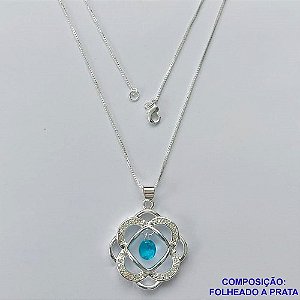 GARGANTILHA FOLHEADA A PRATA COM 50 MILÉSIMOS + VERNIZ DIAMOND - GARGANTILHA CORRENTE VENEZIANA 45CM PINGENTE CRAVEJADO COM MICRO ZIRCÔNIAS E E ZIRCÔNIA AZUL 26MM E FECHO LAGOSTA PRA166