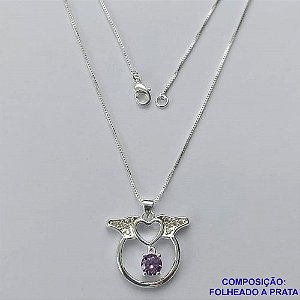 GARGANTILHA FOLHEADA A PRATA COM 50 MILÉSIMOS + VERNIZ DIAMOND - GARGANTILHA CORRENTE VENEZIANA 45CM PINGENTE COM  ZIRCÔNIA ROXA E MICRO ZIRCÔNIAS  23X20MM E FECHO LAGOSTA PRA168
