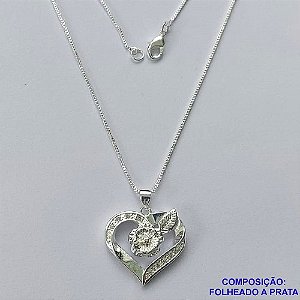 GARGANTILHA FOLHEADA A PRATA COM 50 MILÉSIMOS + VERNIZ DIAMOND - GARGANTILHA CORRENTE VENEZIANA 45CM PINGENTE CORAÇÃO COM FLOR E MICRO ZIRCÔNIAS 20MM E FECHO LAGOSTA PRA169